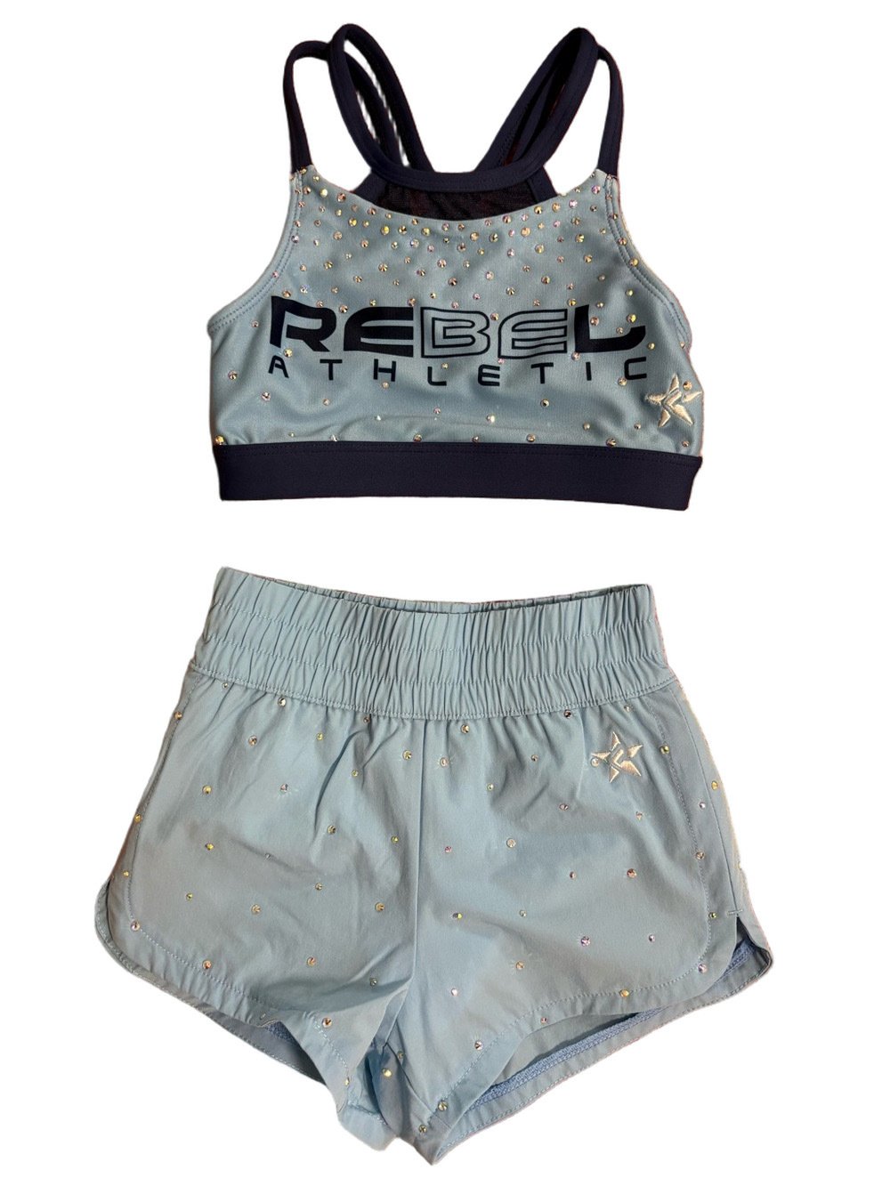 Rebel Athletic YXS Rhinestone Cheer Sports Bra Shorts Set NWOT